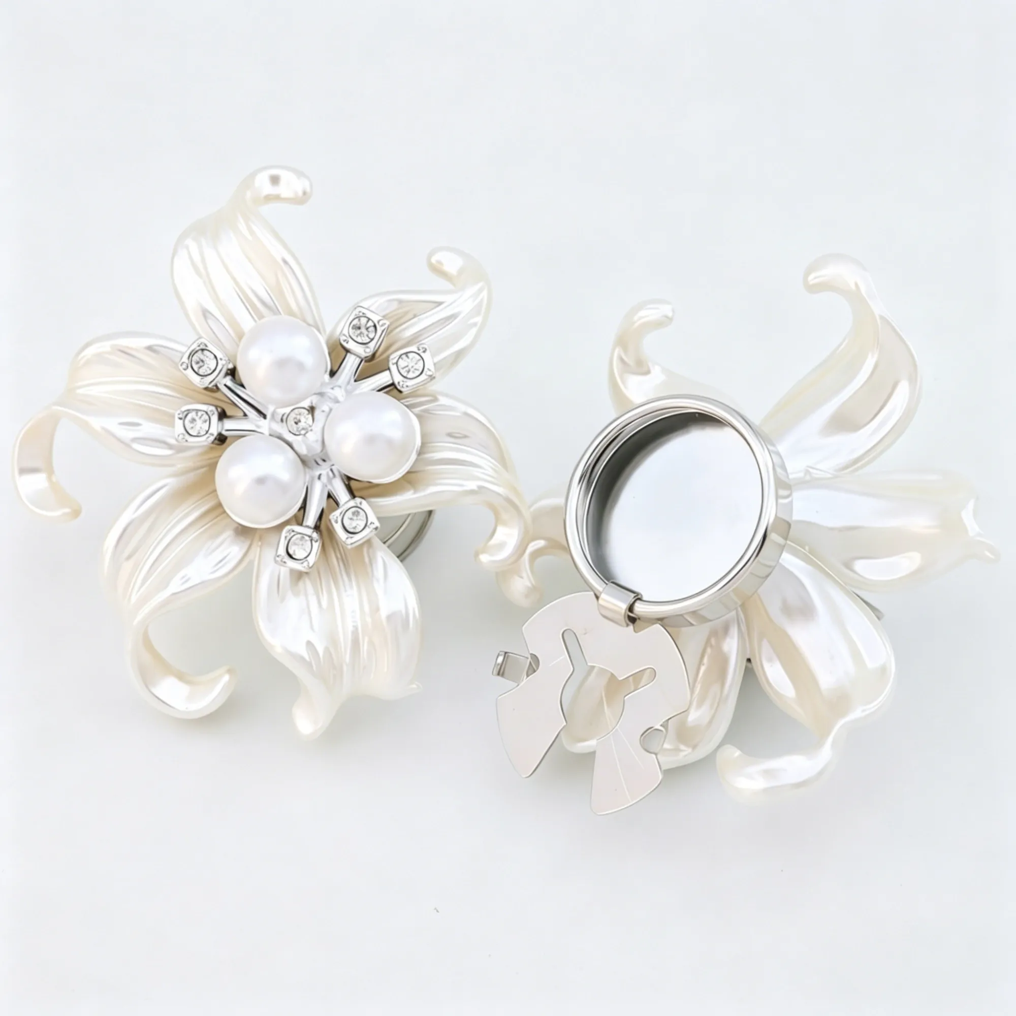 Elegant Pearl Flower Shirt Clips & Brooches – Decorative Button Covers with Rhinestones for Women's Blouses, Coats & Dresses