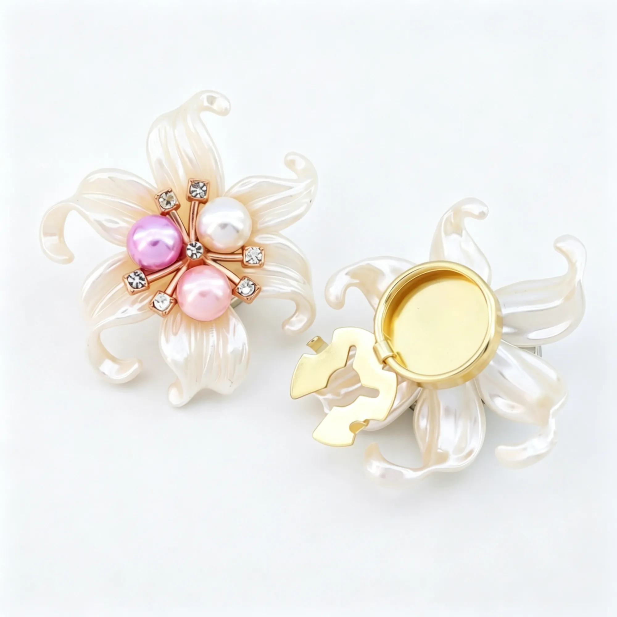 Elegant Pearl Flower Shirt Clips & Brooches – Decorative Button Covers with Rhinestones for Women's Blouses, Coats & Dresses