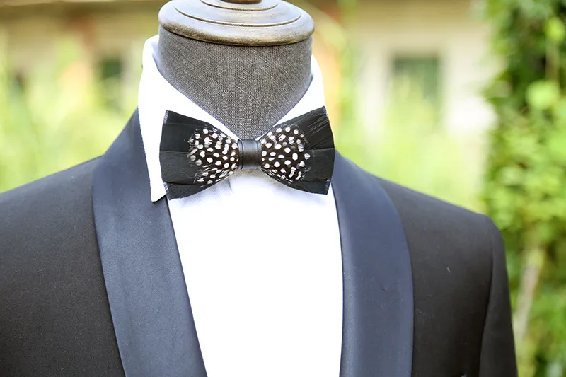 Natural Feather Bow Tie Matching Brooch Pin Set Men Formal Accessory