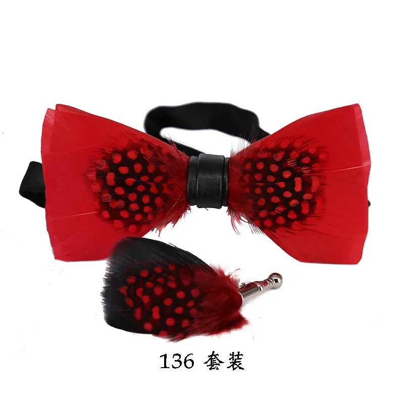 Natural Feather Bow Tie Matching Brooch Pin Set Men Formal Accessory