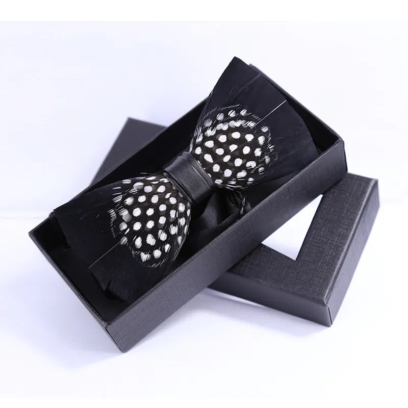 Natural Feather Bow Tie Matching Brooch Pin Set Men Formal Accessory