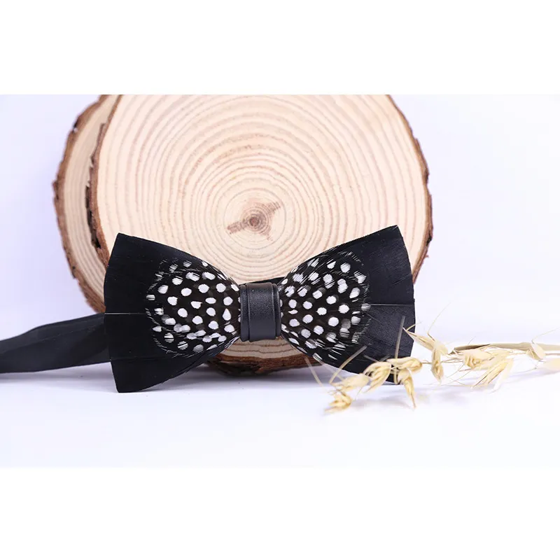 Natural Feather Bow Tie Matching Brooch Pin Set Men Formal Accessory