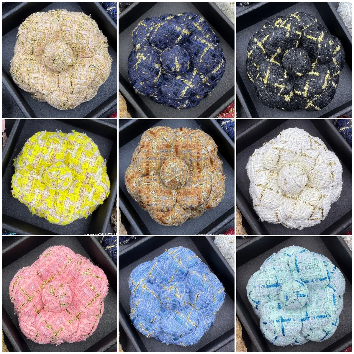 A280 Multicolor Bouclé Flower Pin with Metallic Accents Tweed Camellia Brooch