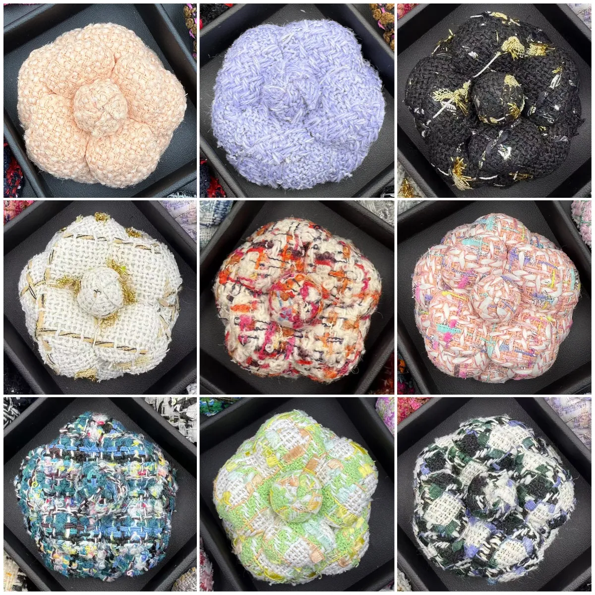 A280 Multicolor Bouclé Flower Pin with Metallic Accents Tweed Camellia Brooch