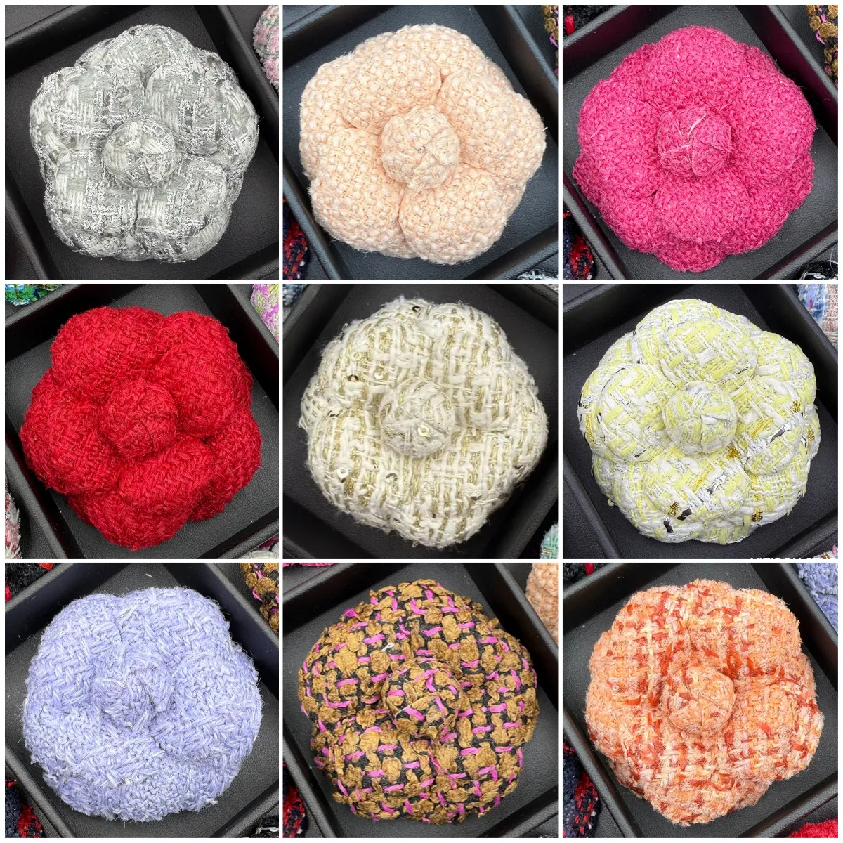 A280 Multicolor Bouclé Flower Pin with Metallic Accents Tweed Camellia Brooch