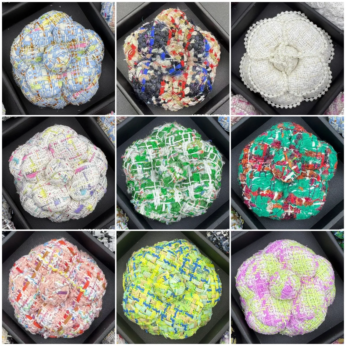 A280 Multicolor Bouclé Flower Pin with Metallic Accents Tweed Camellia Brooch