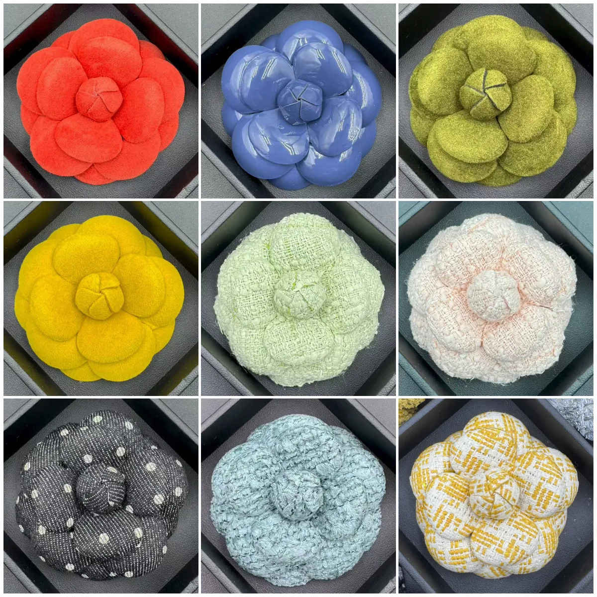 A280 Multicolor Bouclé Flower Pin with Metallic Accents Tweed Camellia Brooch