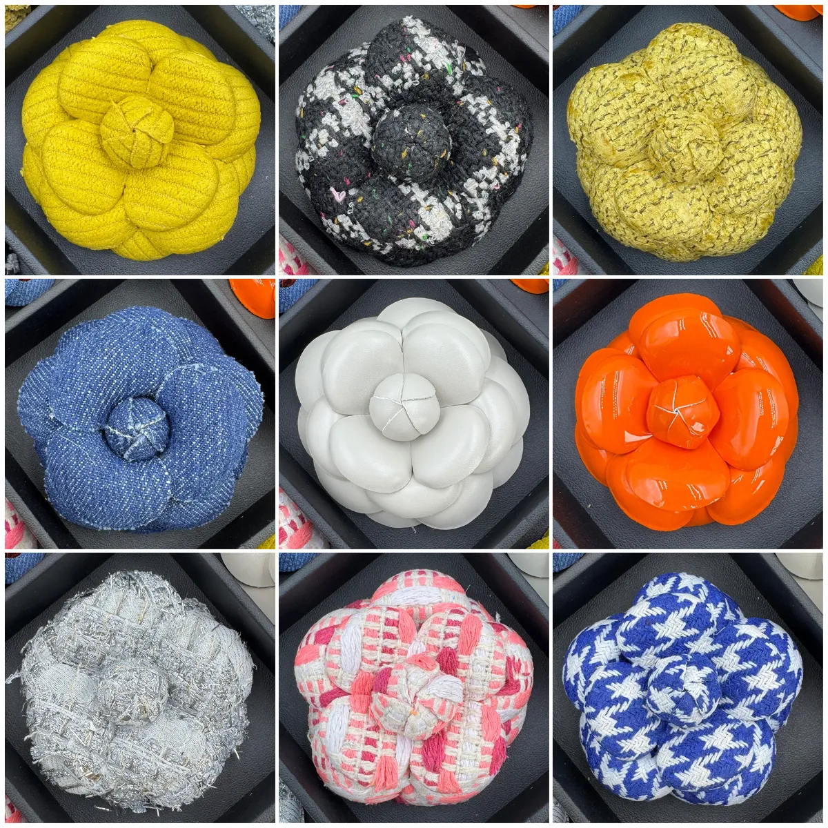 A280 Multicolor Bouclé Flower Pin with Metallic Accents Tweed Camellia Brooch