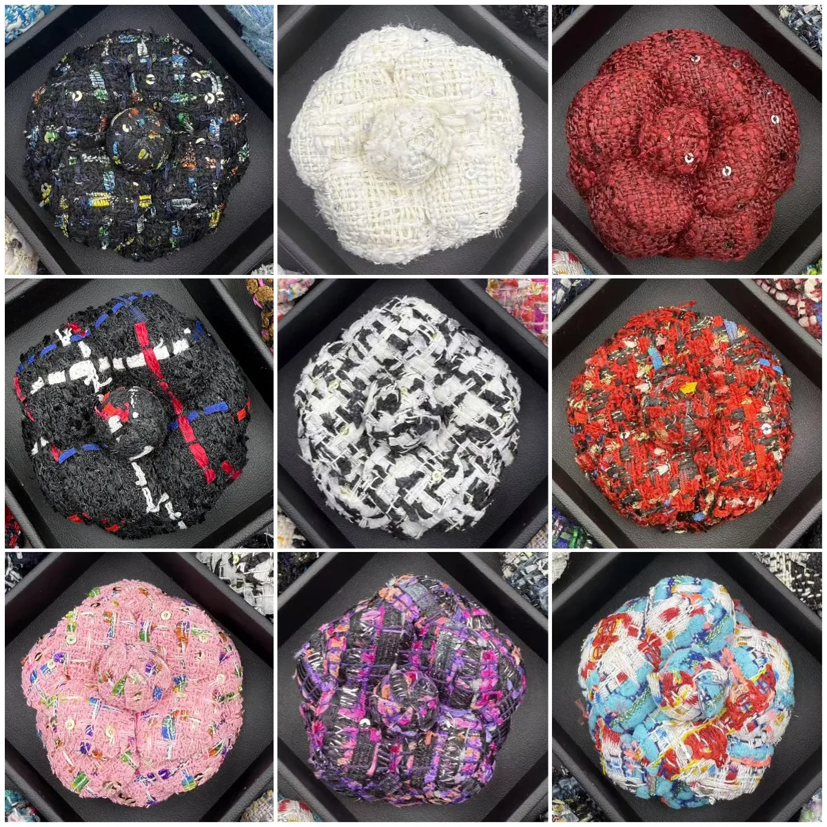 A280 Multicolor Bouclé Flower Pin with Metallic Accents Tweed Camellia Brooch