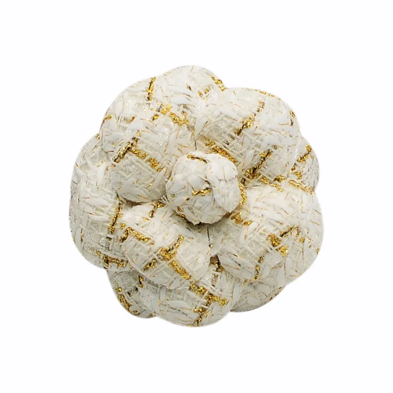 Exquisite Woven Tweed Flower Brooch - Metallic Gold Thread Camellia Pin Accessory