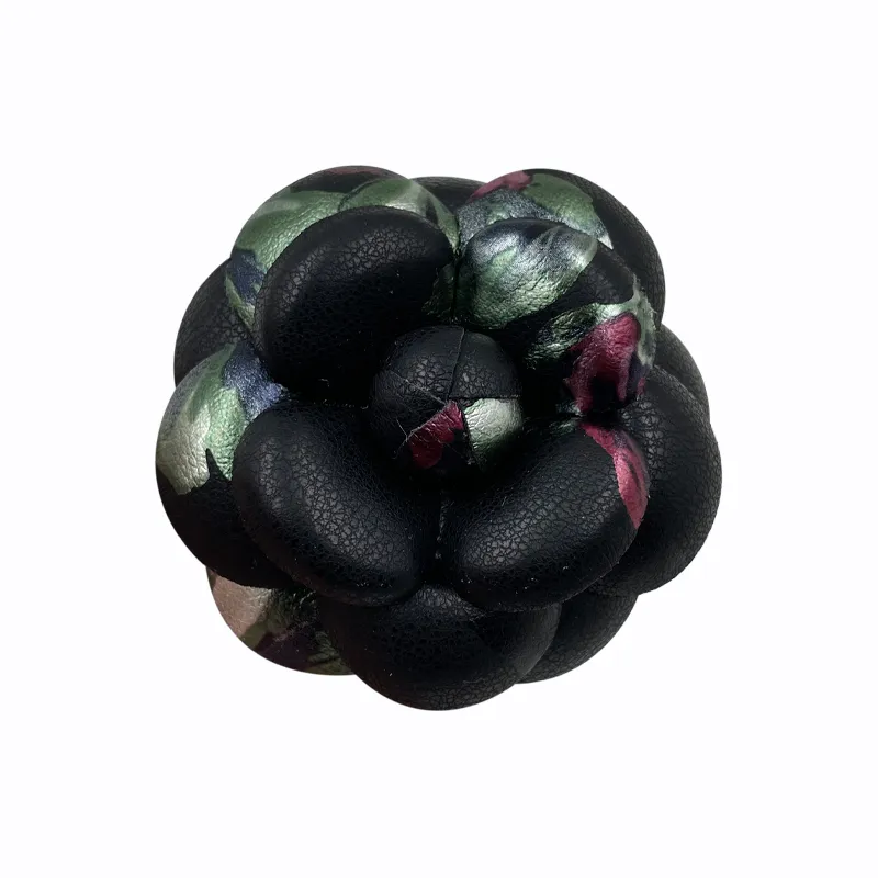 Handmade Elegant Black Leather Camellia Flower Brooch Pin for Women Suits