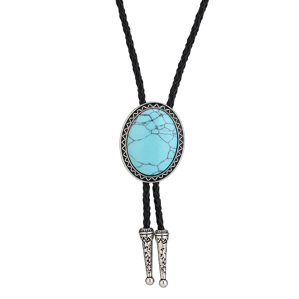 Cowboy Bolo Tie with Natural Red Stone Turquoise Stone White Stone Black Stone Style Genuine and Cowhide Rope More Colors