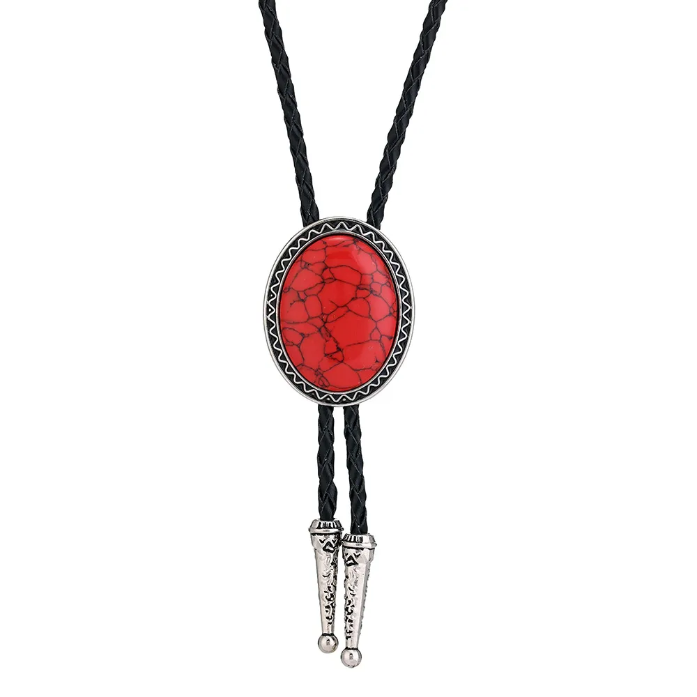 Cowboy Bolo Tie with Natural Red Stone Turquoise Stone White Stone Black Stone Style Genuine and Cowhide Rope More Colors