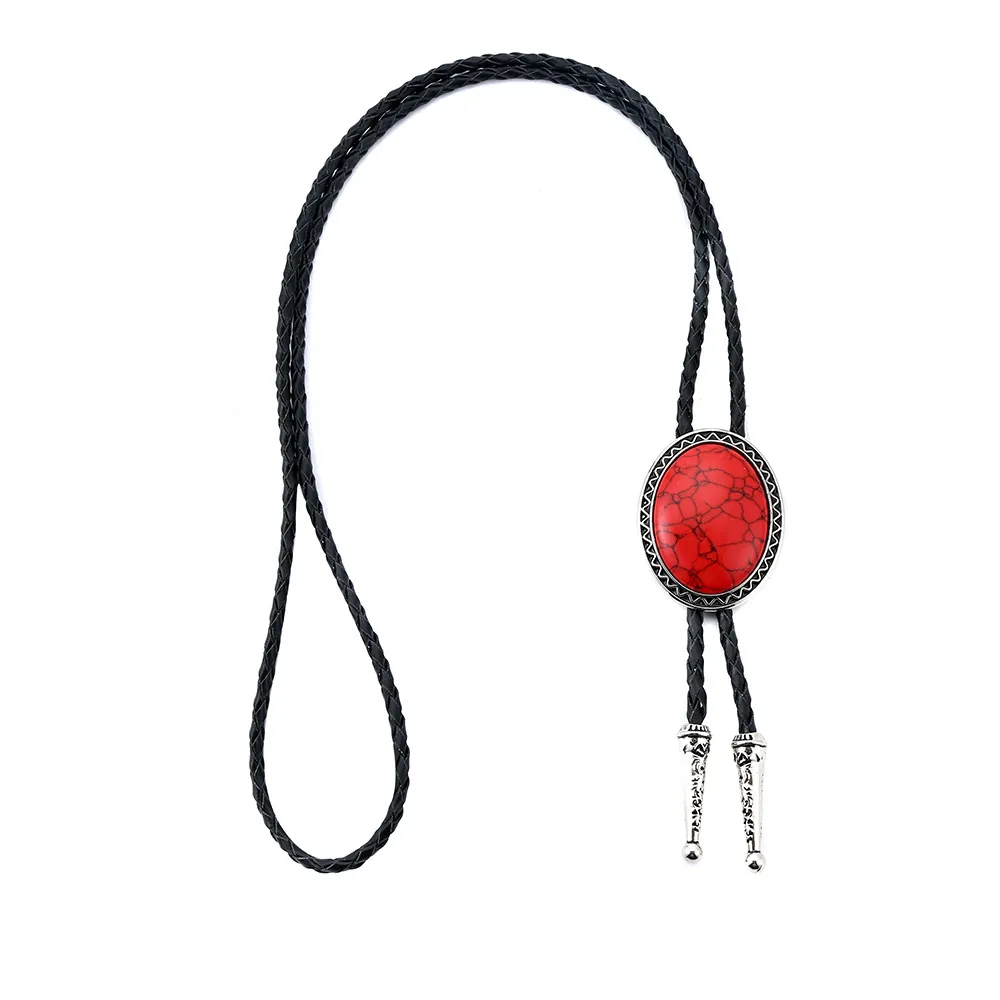 Cowboy Bolo Tie with Natural Red Stone Turquoise Stone White Stone Black Stone Style Genuine and Cowhide Rope More Colors