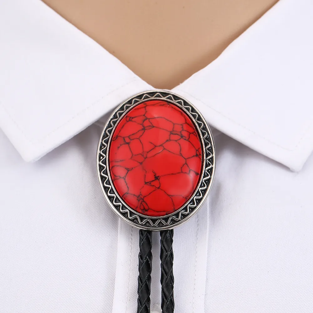Cowboy Bolo Tie with Natural Red Stone Turquoise Stone White Stone Black Stone Style Genuine and Cowhide Rope More Colors