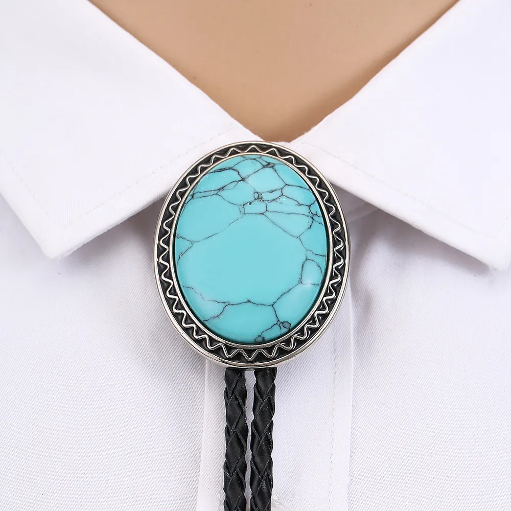 Cowboy Bolo Tie with Natural Red Stone Turquoise Stone White Stone Black Stone Style Genuine and Cowhide Rope More Colors