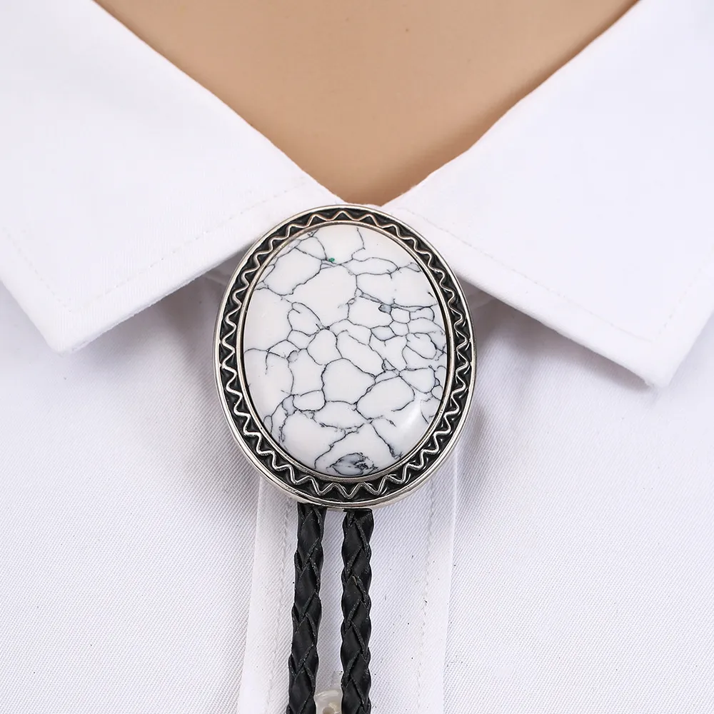 Cowboy Bolo Tie with Natural Red Stone Turquoise Stone White Stone Black Stone Style Genuine and Cowhide Rope More Colors