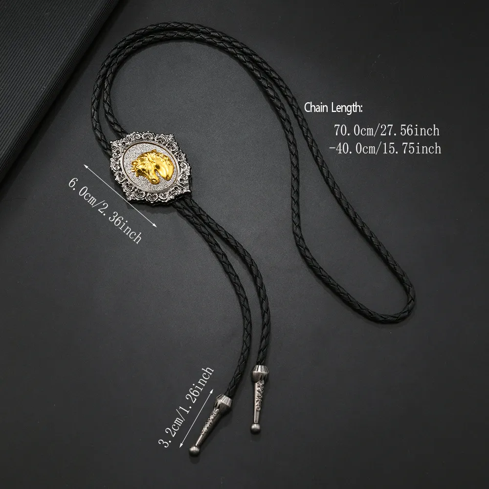 Decorative Horse Bolo Tie Western Cowboy Necktie for Men Women Brown Leather Cord with Gold Running Horse
