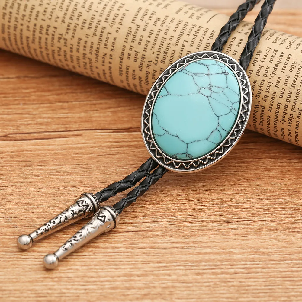 Cowboy Bolo Tie with Natural Red Stone Turquoise Stone White Stone Black Stone Style Genuine and Cowhide Rope More Colors