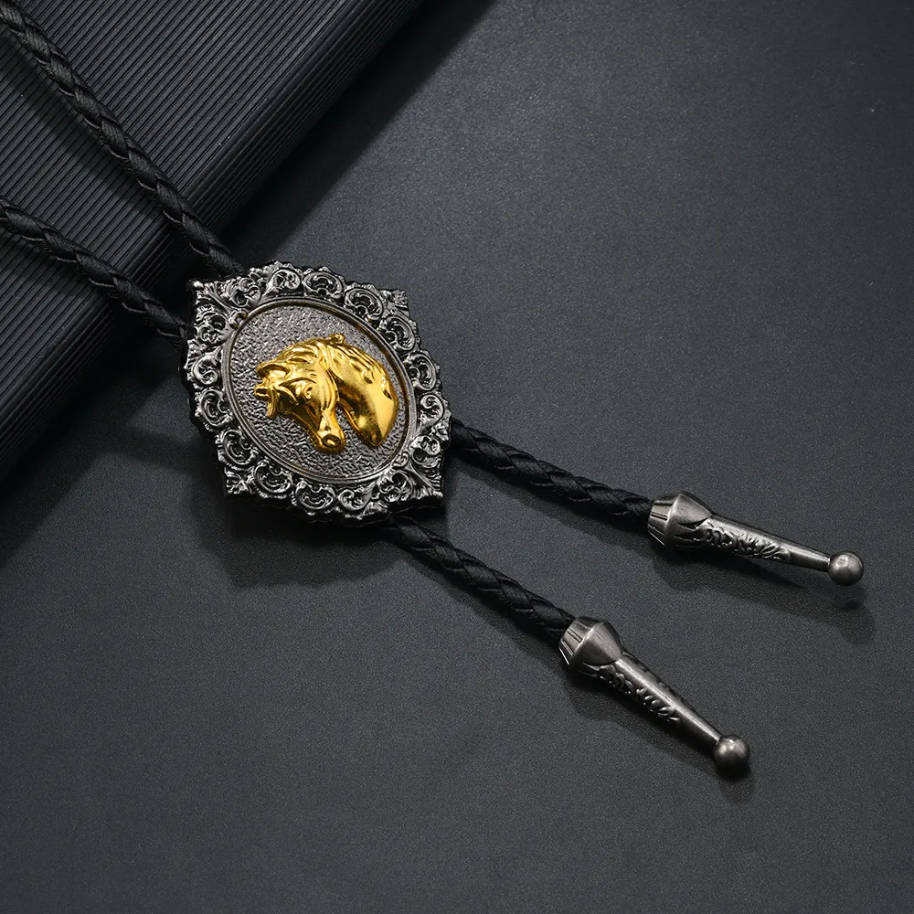 Decorative Horse Bolo Tie Western Cowboy Necktie for Men Women Brown Leather Cord with Gold Running Horse