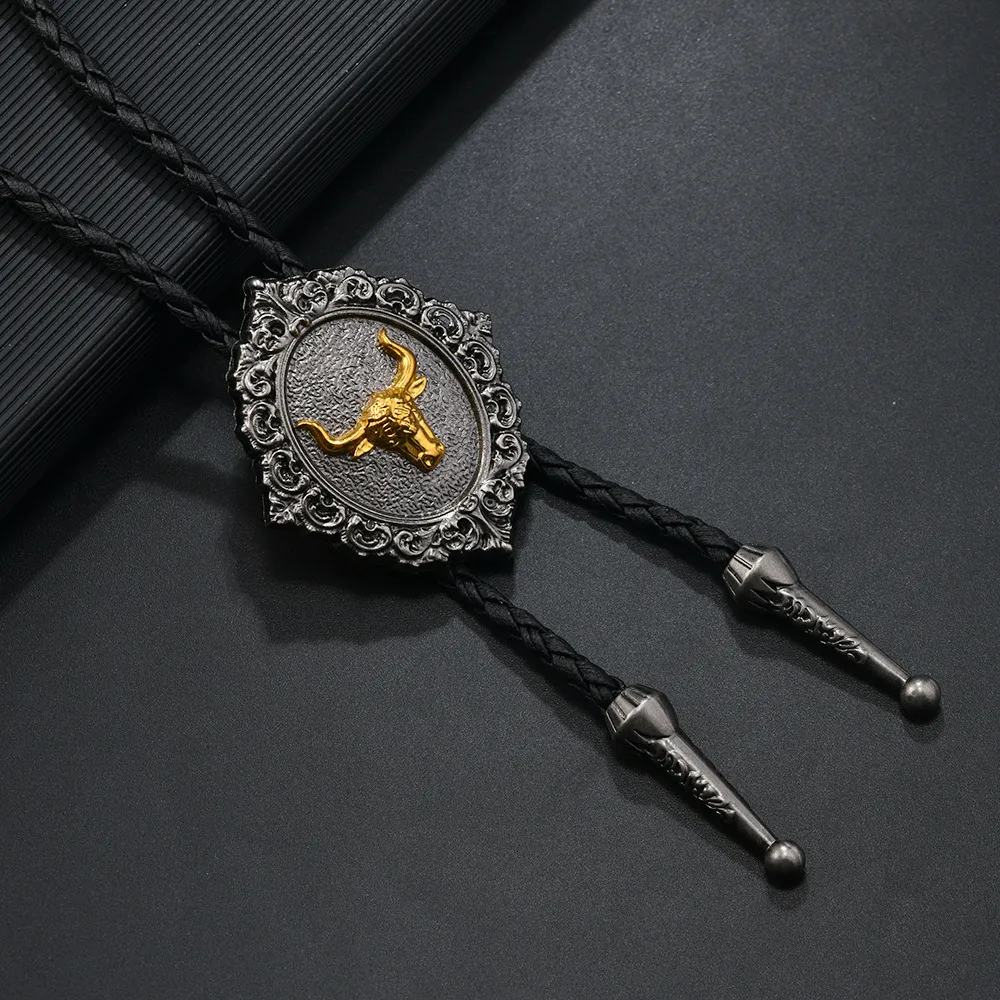 Decorative Horse Bolo Tie Western Cowboy Necktie for Men Women Brown Leather Cord with Gold Running Horse