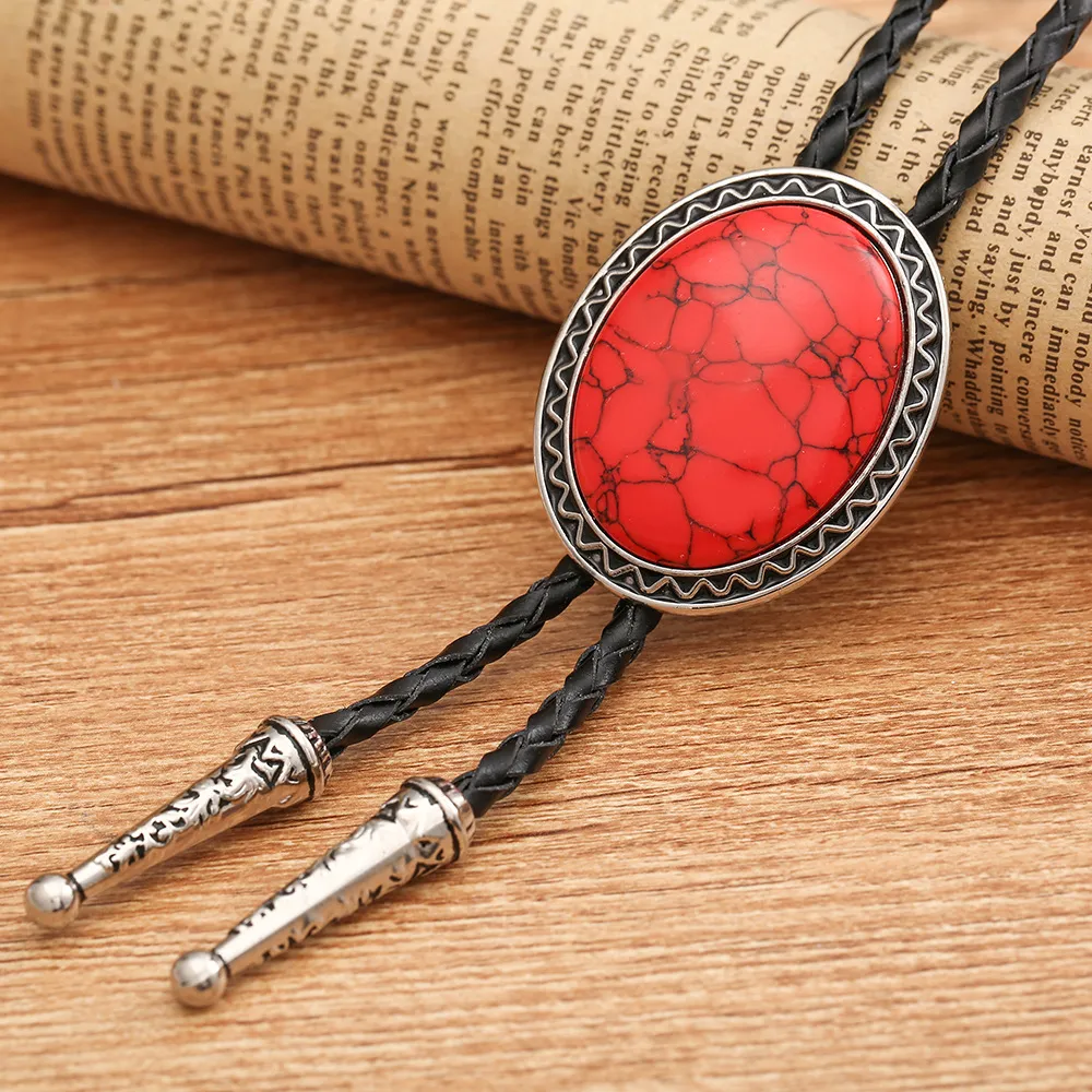 Cowboy Bolo Tie with Natural Red Stone Turquoise Stone White Stone Black Stone Style Genuine and Cowhide Rope More Colors