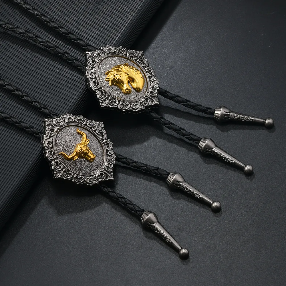 Decorative Horse Bolo Tie Western Cowboy Necktie for Men Women Brown Leather Cord with Gold Running Horse