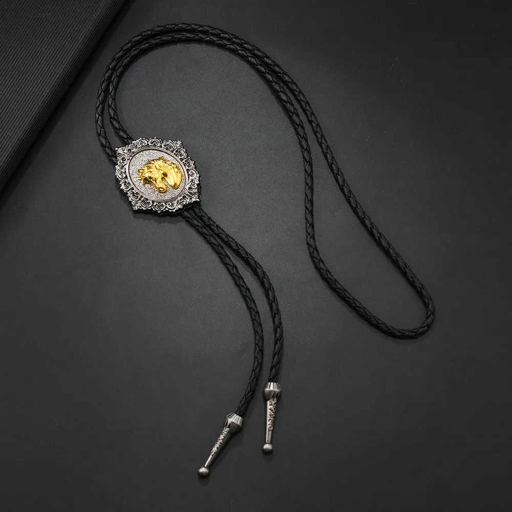 Decorative Horse Bolo Tie Western Cowboy Necktie for Men Women Brown Leather Cord with Gold Running Horse