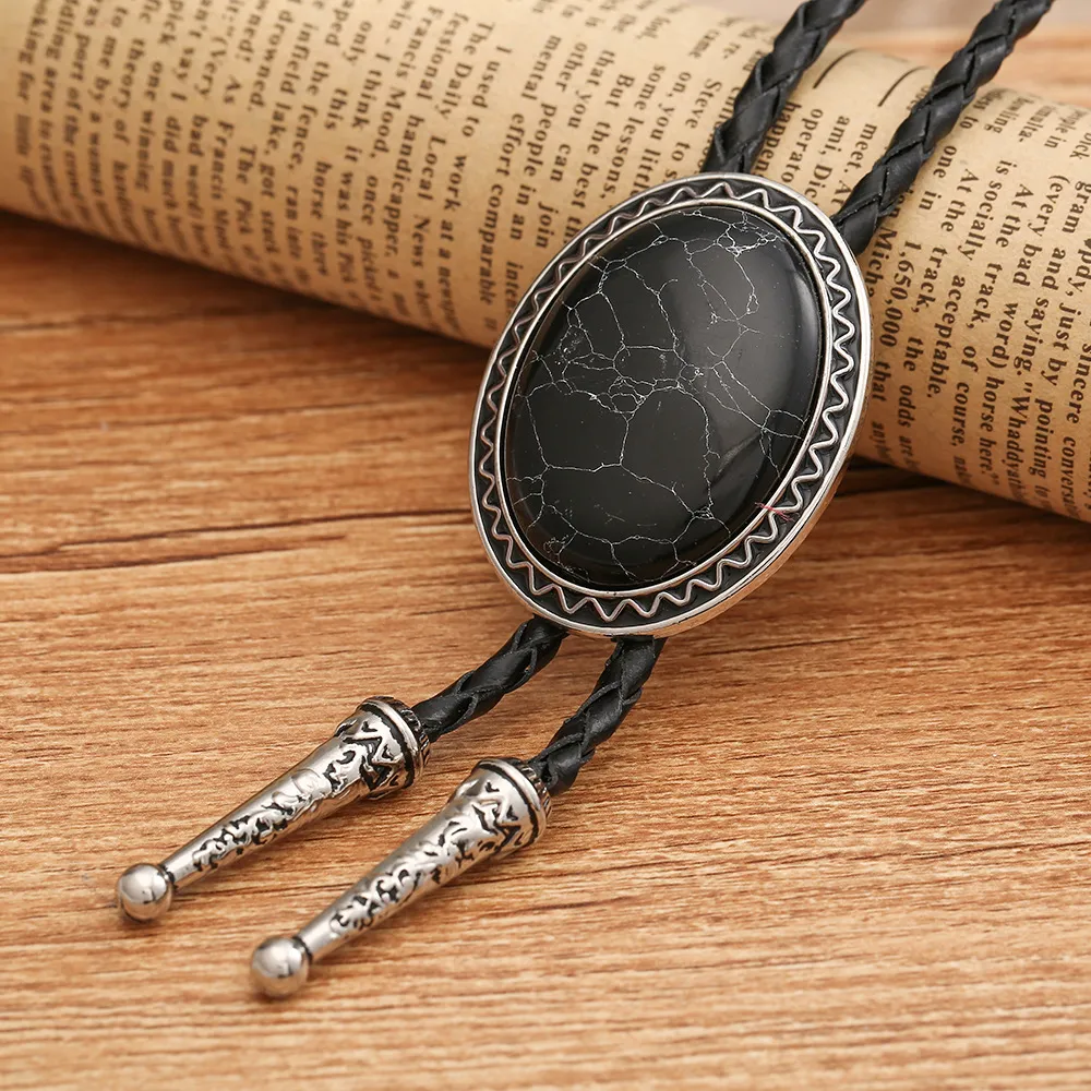 Cowboy Bolo Tie with Natural Red Stone Turquoise Stone White Stone Black Stone Style Genuine and Cowhide Rope More Colors