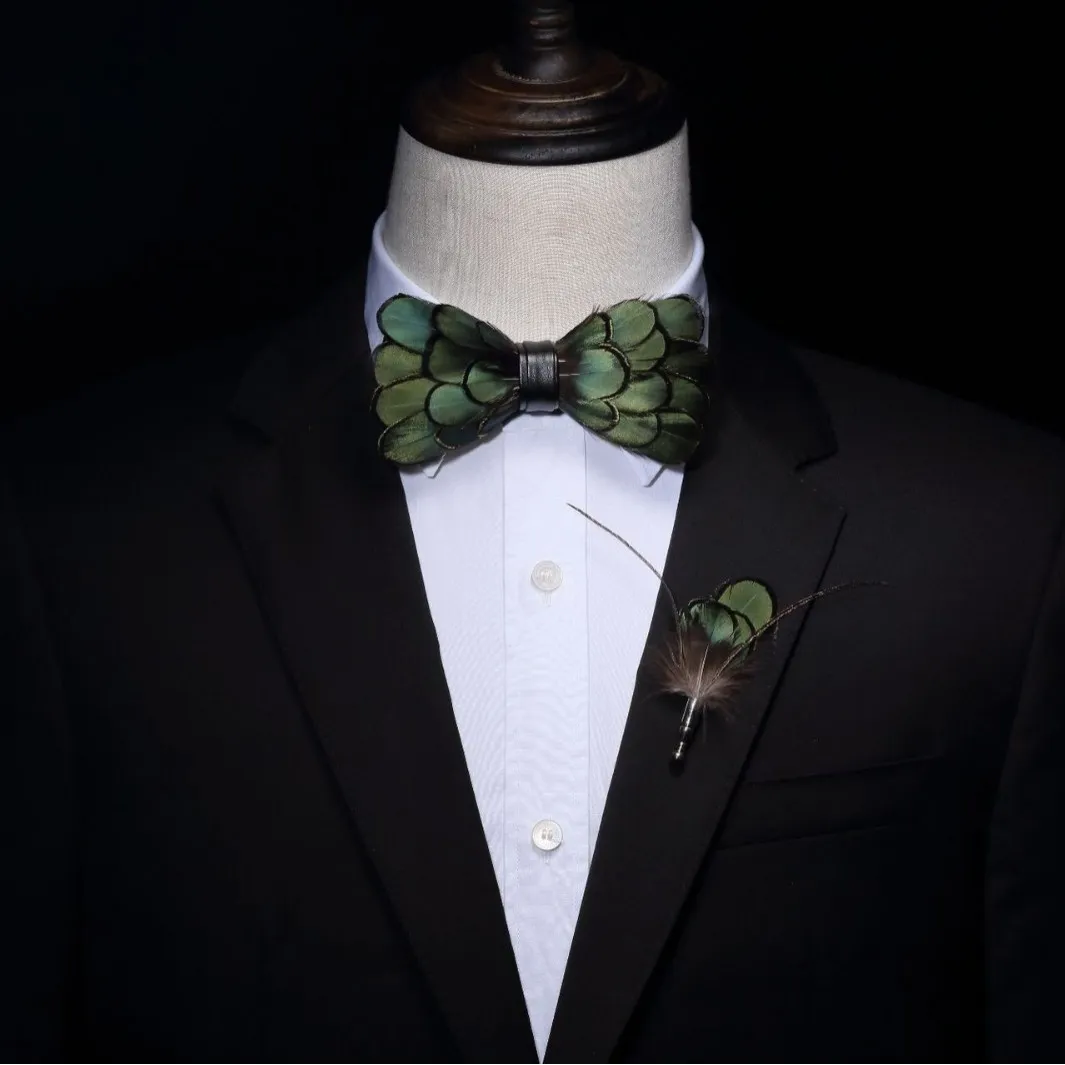 Handmade Feather Bow Tie and Lapel Pin Set Men’s Pre-Tied Bowtie with Brooch for Wedding, Prom, Party, Formal Event