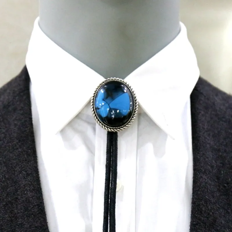Handmade Turquoise Bolo Tie with Leather Cord, Cowboy Western Style