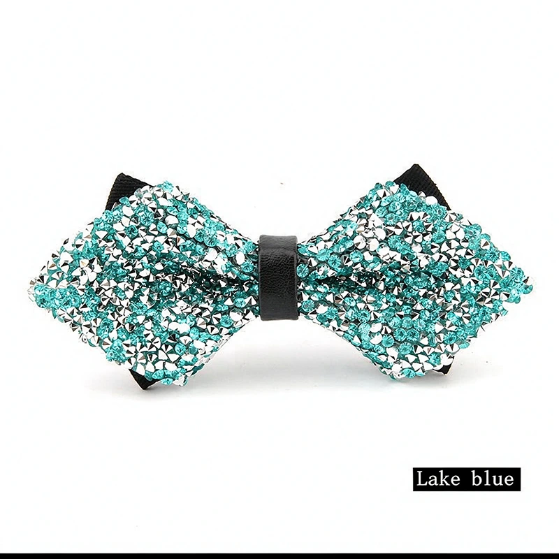 OEM Men Lake Blue Crystal Diamond Tip Bow Tie, Sparkling Rhinestone Bow Tie for Dealers