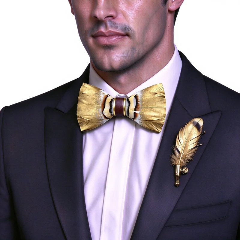 Wholesale Handmade Golden Natural Feather Bow Tie for Men