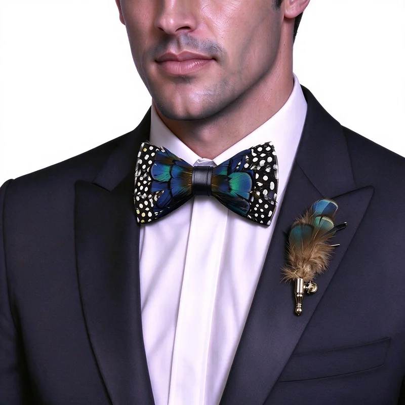 Wholesale Handmade Natural Peacock Feather Bow Tie with Matching Lapel Pin